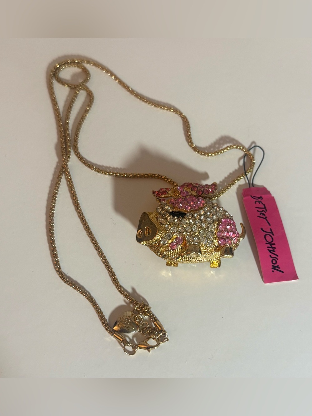 Betsey Johnson Gold-tone Pig Pendant Necklace with Pink and Clear Crystals